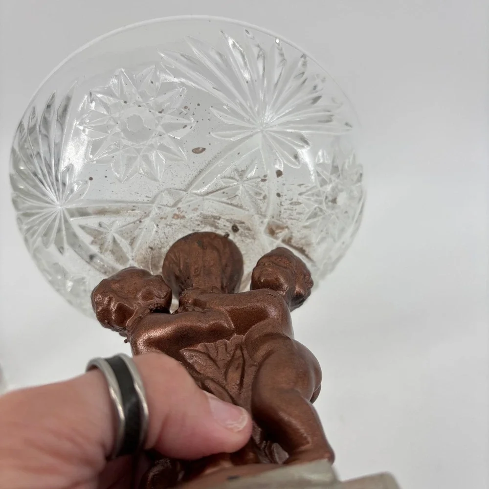 Candy Dish Medium Clear Bronze Cherub Putti Crystal‎ Glass Mythological Regency